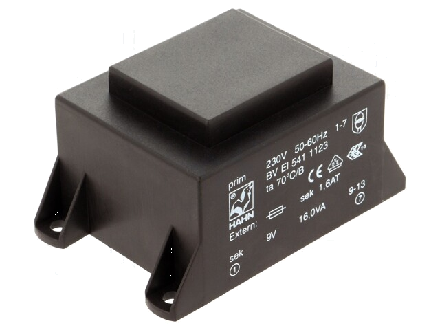 Transformator: ingegoten; 16VA; 230VAC; 9V; 1778mA; PCB; BVEI Transformator: ingegoten; 16VA; 230VAC; 9V; 1778mA; PCB; BVEI